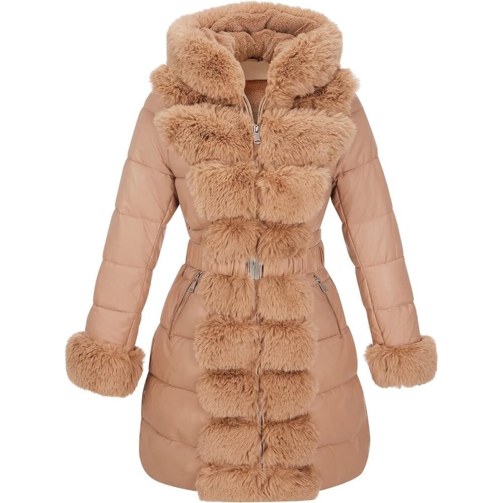 ๐ Women Brown Leather Long Fur Collar Hooded Winter Warm Bubble Puffer Jacket